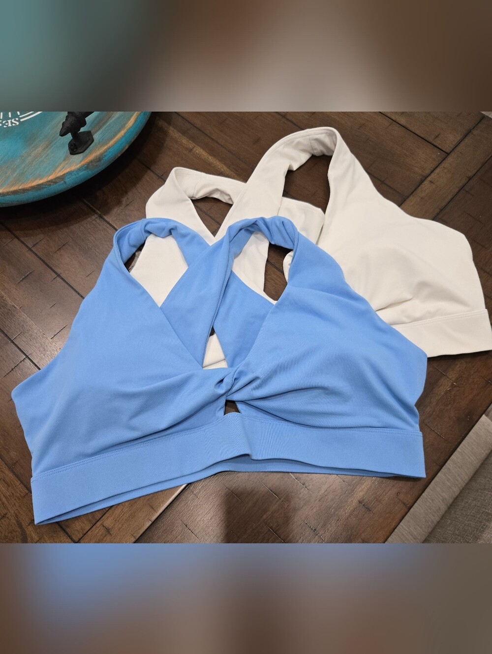 Fabletics Oasis Blue And Cream Sports Bra.